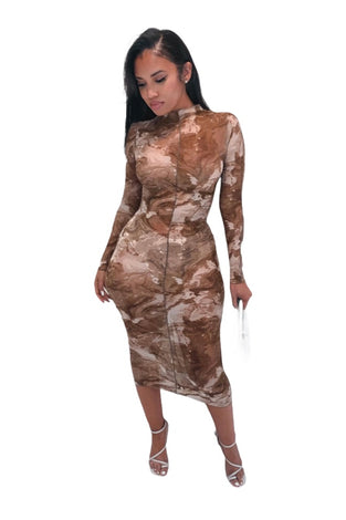 Shape Renaissance Print High Neck Mesh Bodycon Dress